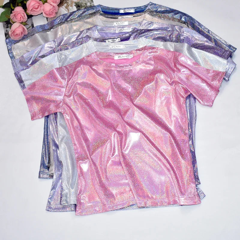 Women Bright T-shirt Silk Shiny Flash Short Sleeve Female Tide Big Shirts Student Thin Glitter Reflective Fashion Lady Clothes