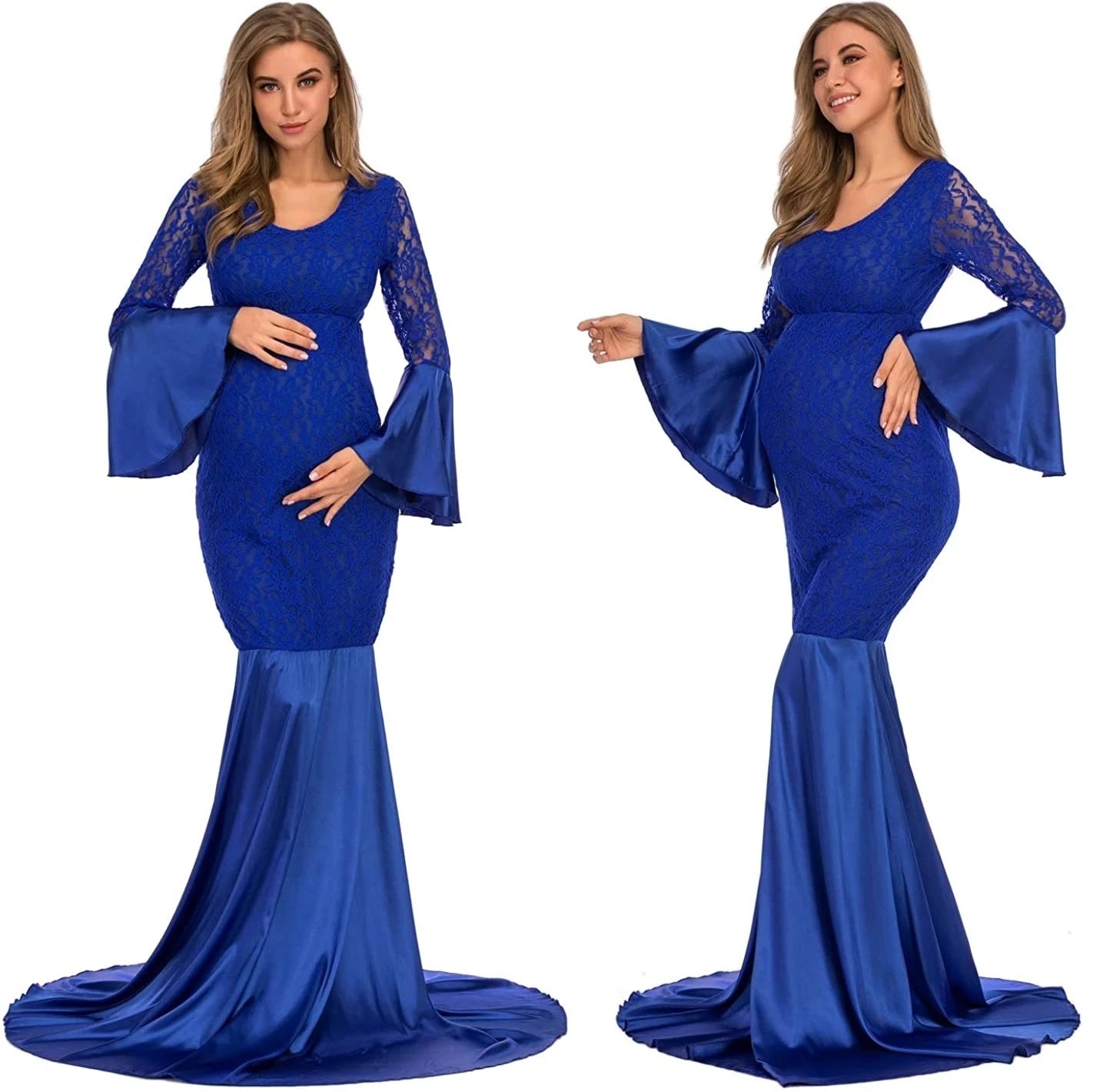 Hot! Women's Off Shoulder Lace Mermaid Maternity Maxi Dress V Neck Ruffle Long Sleeve Slim Fit Gown for Photography Baby Shower