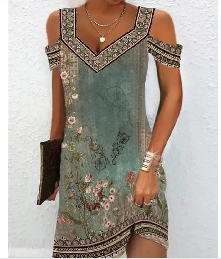 Fashion Party Dress For Women Summer Elegant Floral Printed Vintage Dress Casual Lady A-Line Dress