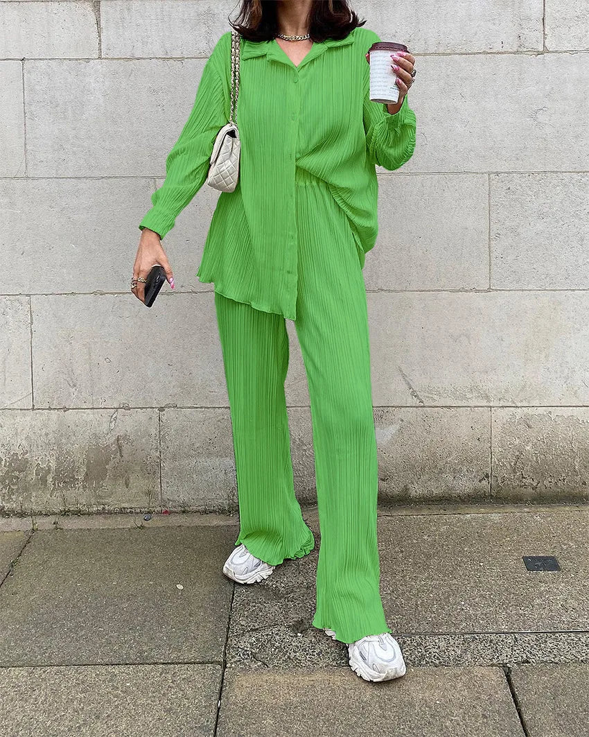 New Spring And Autumn Suit Women's Pleated Lapel Shirt Loose Casual Suit Solid Color Drape Pleated Casual Suit