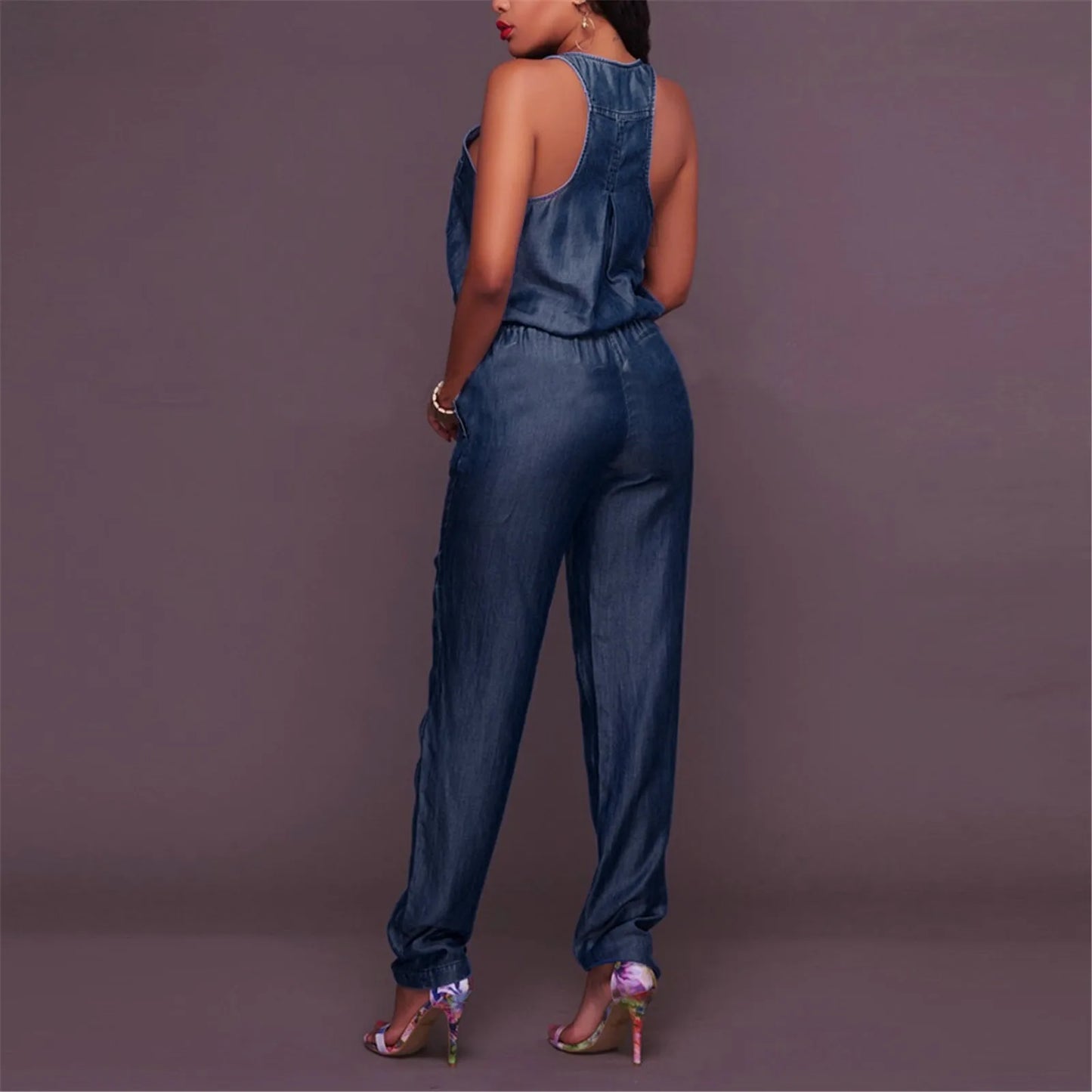 Denim Jumpsuit Women Sexy Off Shoulder Sleeveless Jeans Jumpsuits Fashion Pocket Zipper V Neck Overall Elastic Waist Romper