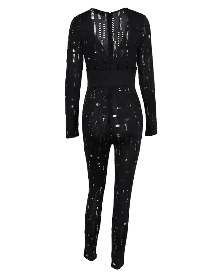 Autumn Fashion Women's Long Sleeve Jumpsuit with Tribal Pattern and Mesh Patch European and American Style for Ladies