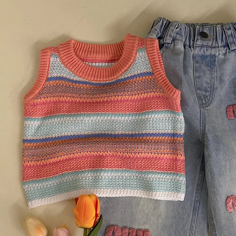 Childrens Sets Girls Knitting Vest Spring New Colour Stripe Sleeveless Versatile Tide Jeans 2024 Elastic Waist Simple