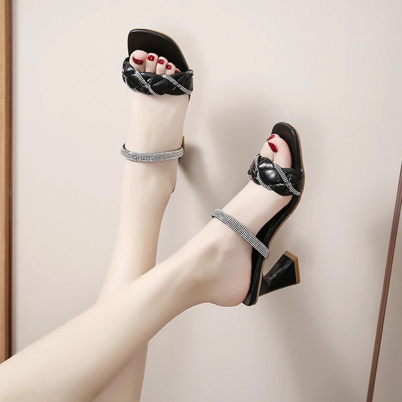Fashion Black Summer Sandals Open Toe Women Sandles Thick Heel Flip Flops Square Toe Gladiator Shoes Women Slippers