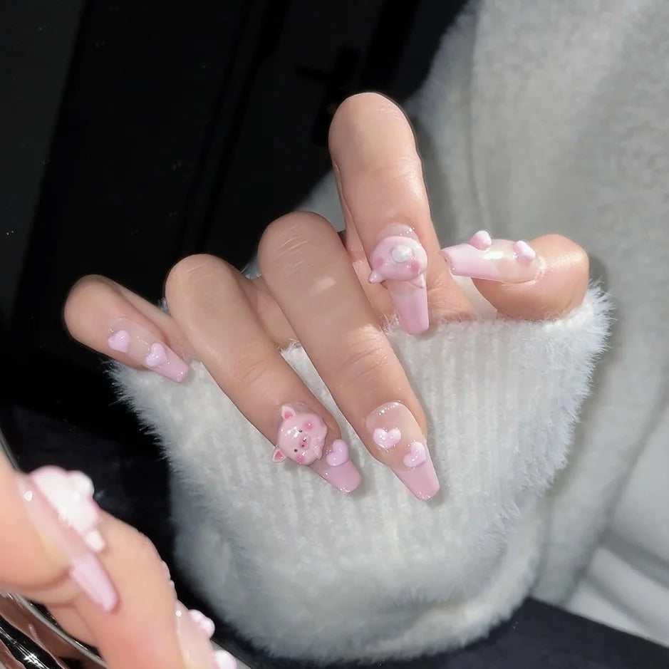 Pink Strawberry Press on Nails Handmade Flower Fake Nails Gradient Color Medium Length Square False Nails for Women Girls