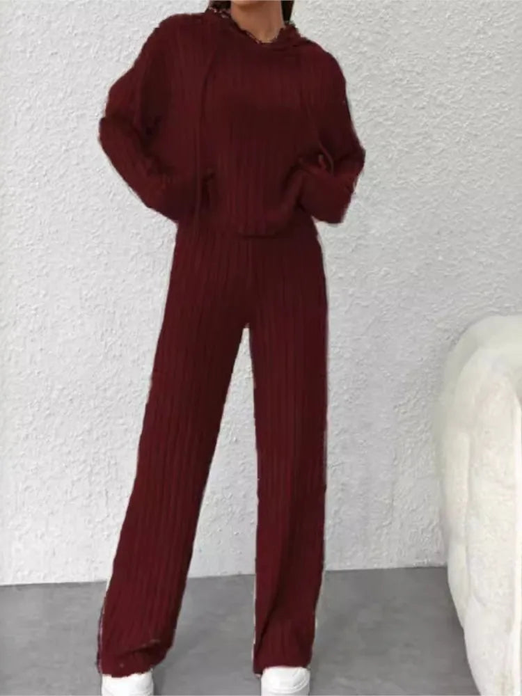 Spring and Autumn Women's New Solid Color Casual Knitted Striped Hooded Sweatshirt Loose Long Sleeved Long Pants Two-piece Set