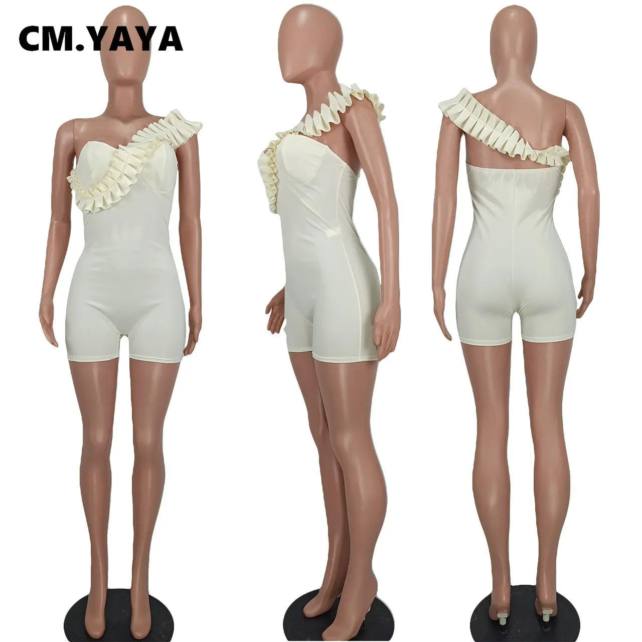 CM.YAYA Women Ruffles Spicing One Shoulder Sweetheart Neck White Bodycon Stretch Romper and Playsuit 2022 Summer Sexy Overall