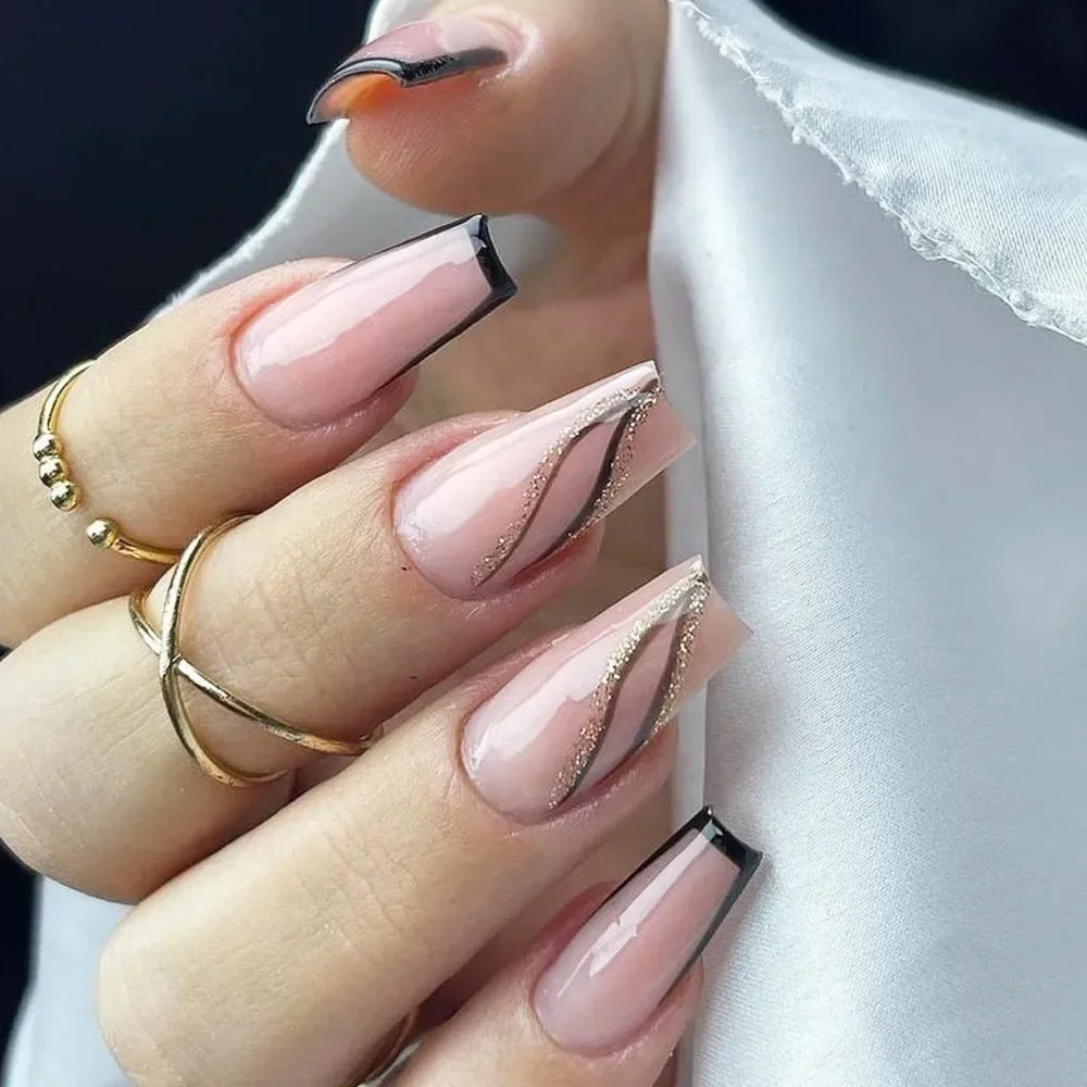 24Pcs Shimmery Long Coffin False Nails with Glue Ballerina Nail Design Sweet Fashion French Press on Acrylic Nails Manicure Tips