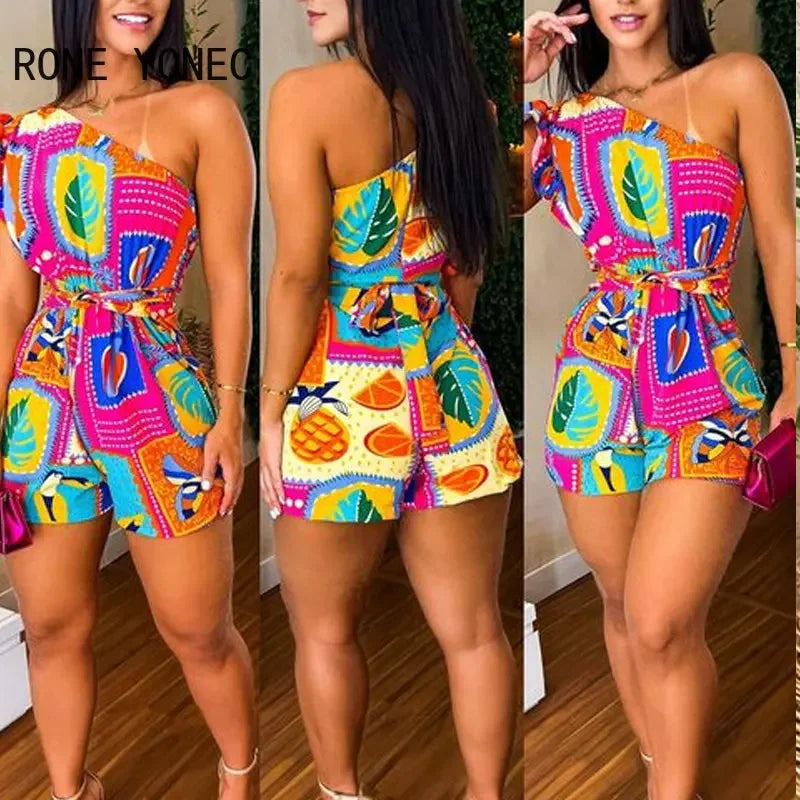 Women Chic All Over Print Diagonal Collar Lace Up One Shoudler Flying Sleeves Rompers