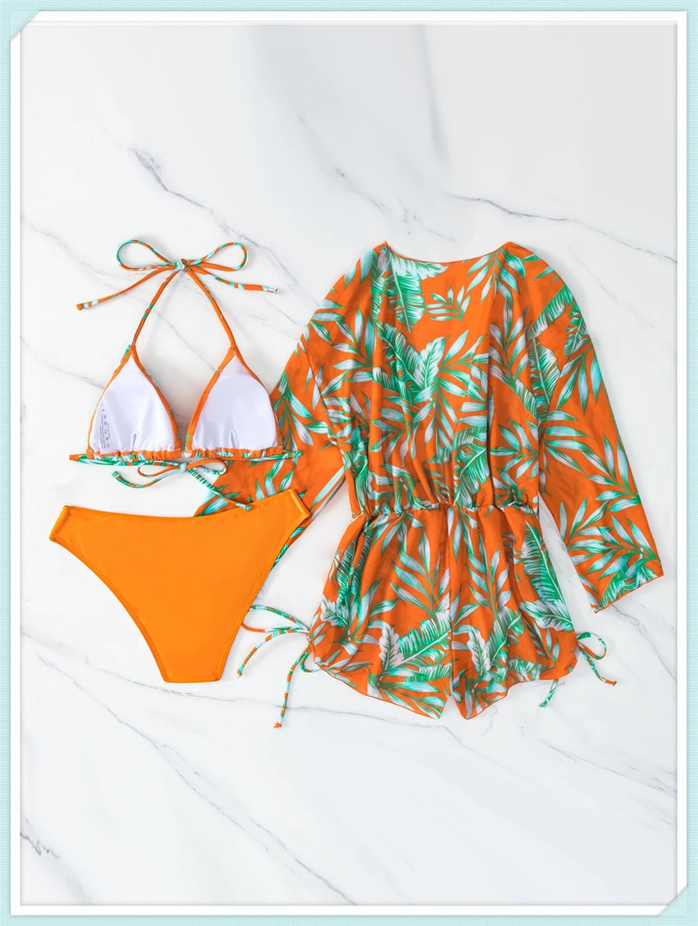 3 pieces Halter Bikini Tropical Print Swimsuit Drawstring Side Swimwear Women Long Sleeve Bathing Suit Female Swimming Beachwear