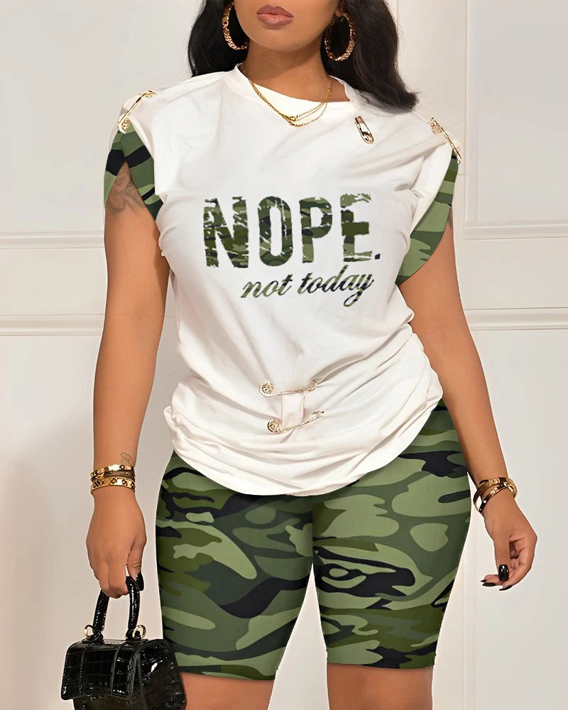 Casual Short Sleeve Tshirt Shorts Set Office Lady Spring Summer Fashion O-neck Letter Print Two Piece Set Women Outfit 2023