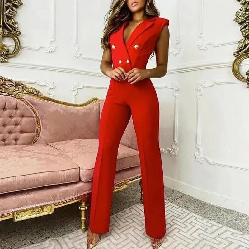New Elegant Women's Plaid Jumpsuit Chic Office Ladies 2024 Summer Sleeveless V Neck High Waist Button Work Jumpsuit