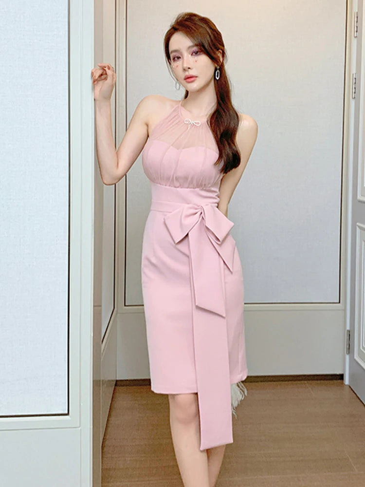 Summer Dresses Women 2024 Pink Sheer Perspective Mesh Tull Halter Off Shoulder Bow Folds Robes Femme Sexy Sweet Party Vestidos