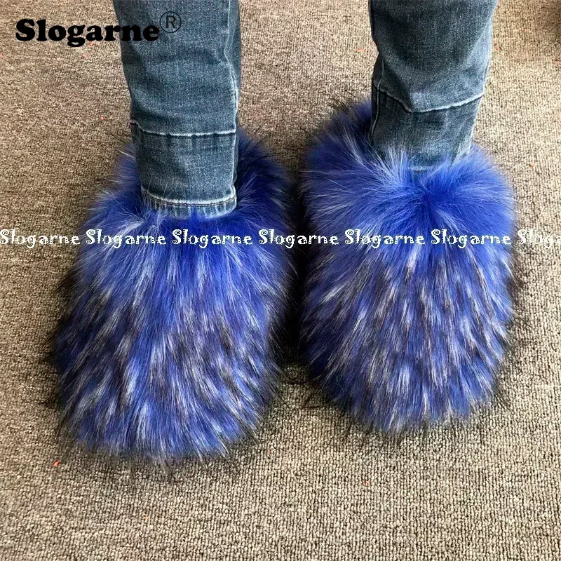 New Colorful Raccoon Fur Slippers Women Winter Faux Fur Shoes Ladies Luxury Furry Slippers Girls Artificial Fox Furs Slides Shoe