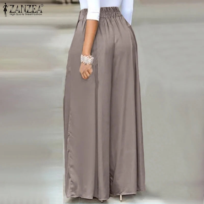 Elegant High Waist Solid Work Trousers ZANZEA Fashion Summer Women Loose Wide Leg Pants Palazzo Oversized Bow Tie Long Pantalon
