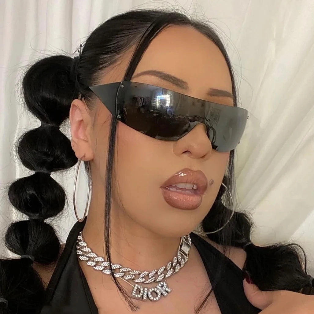 Y2K Rimless Brand Designer Sunglasses Women or Men One Piece Trending Luxury Sun Glasses Rivet Steampunk Pink Shades UV400
