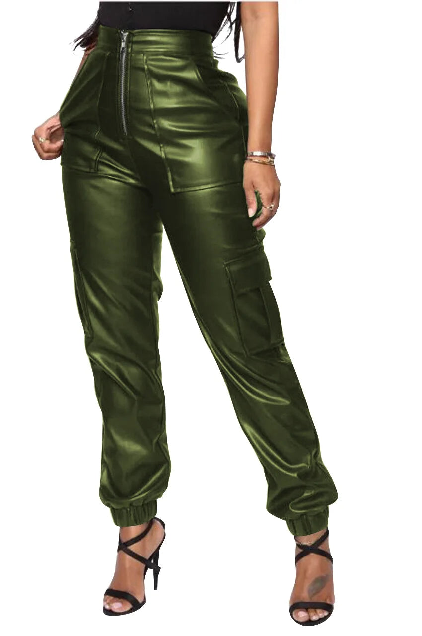 Autumn Winter Fashion Women's Trousers Faux Leather High Waisted Joggers with Zipper Multi Pocket Straight-Leg Cargo Pants