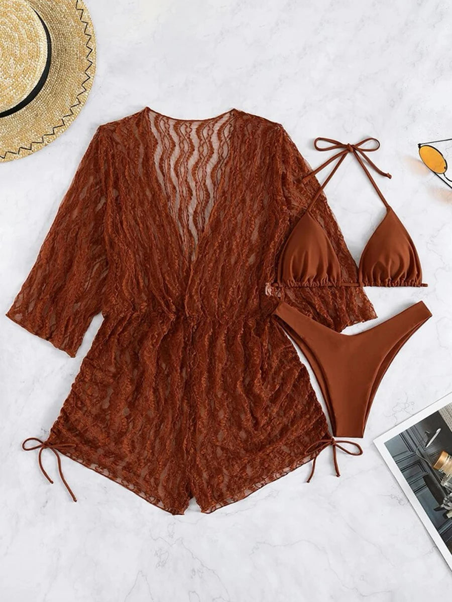 3 pieces Halter Bikini Tropical Print Swimsuit Drawstring Side Swimwear Women Long Sleeve Bathing Suit Female Swimming Beachwear
