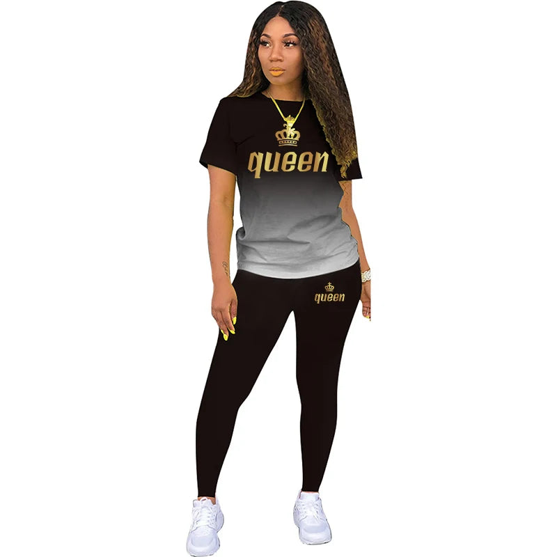Two Piece Outfits For Yoga Fitness Athletic Sets Printed Gradient T Shirt Leggings Women's Short Sleeve Sportwear S-5XL