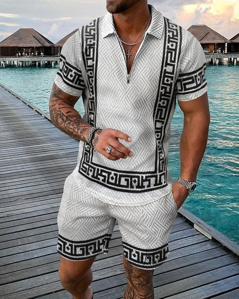 Boho Geometric Style 3D Print Men shirts Set Zipper Lapel Sets Zipper Collar+Shorts 2pcs Man Clothes