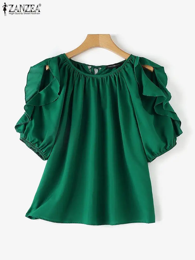 ZANZEA Women's Cold Shoulder Ruffled Blouse Half Sleeve Casual Loose Top with Back Straps Pleated Summer Tunic Fashion O-Neck