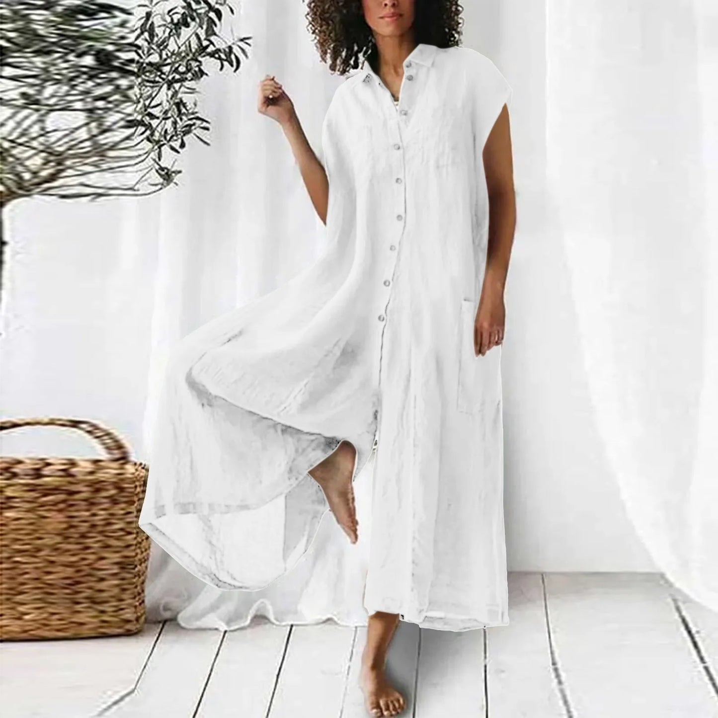 Relax Retro Loose Style Wide Leg Jumpsuits For Women Elegant Vintage Turn Down Neck Short Sleeve Boho Green Long Overalls