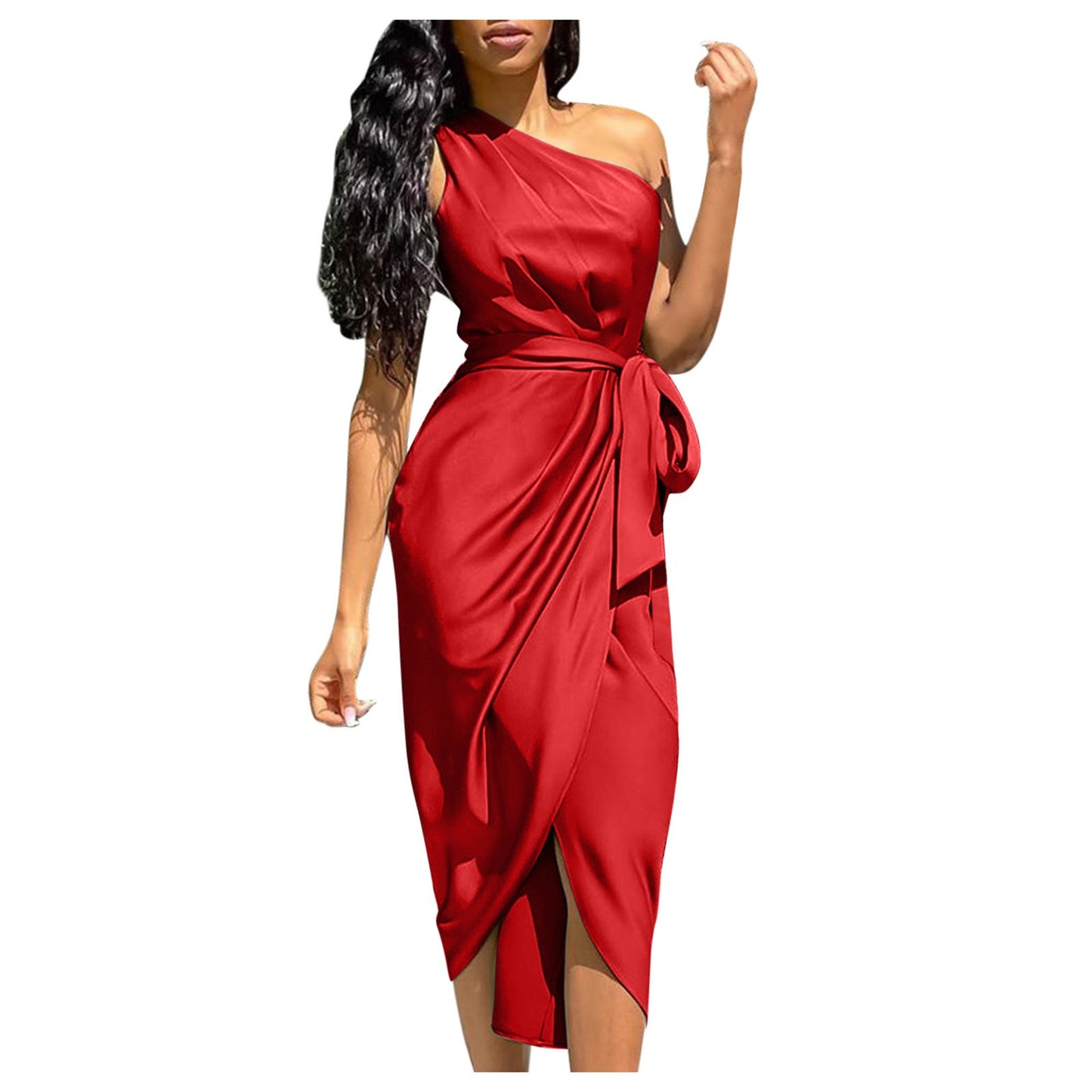 Women Prom Cocktail Dresses Sexy Solid One Shoulder Ruched Slit Belted Waist Dress Sleeveless Formal Occasion Dresses 원피스