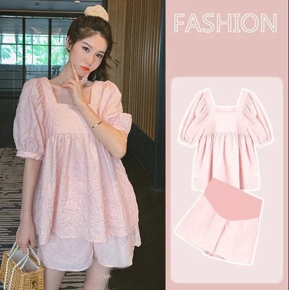 Summer Pregnant Woman Clothes Set Solid Color Puff Sleeve Square Collar Shirts+Belly Shorts Twinset Maternity Fashion Loose Suit