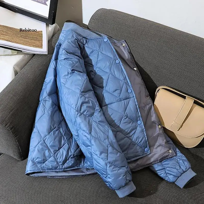 Casual Ultralight Thin Short Winter Down jacket Fashion Lozenge Parka Coat Female Streetwear White bomber Jacket Outwear