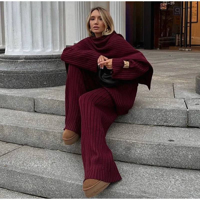 Oversize Knitted Women's Set V-Neck Full Sleeve Scarf Pullover Long Trousers Casual Loose Lady Suit for Autumn