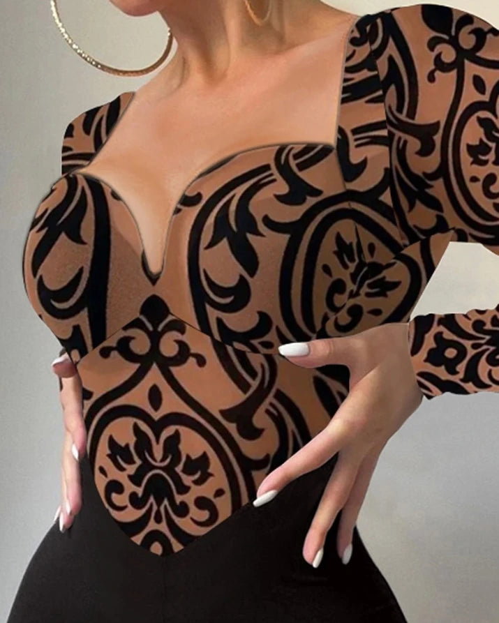 Autumn Fashion Women's Long Sleeve Jumpsuit with Tribal Pattern and Mesh Patch European and American Style for Ladies