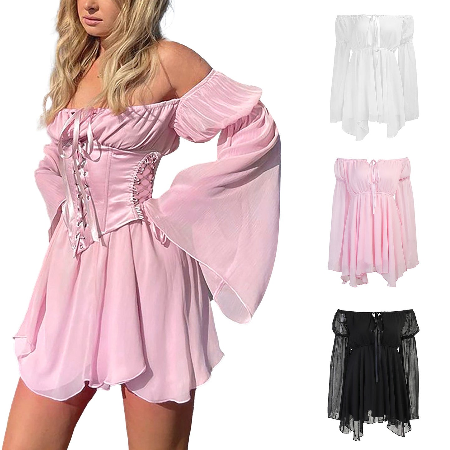 Summer Dresses For Women Plus Size Off Shoulder Flare Sleeve Dress Lace Up Corset Solid Flowy Mini Dress vestidos de mujer