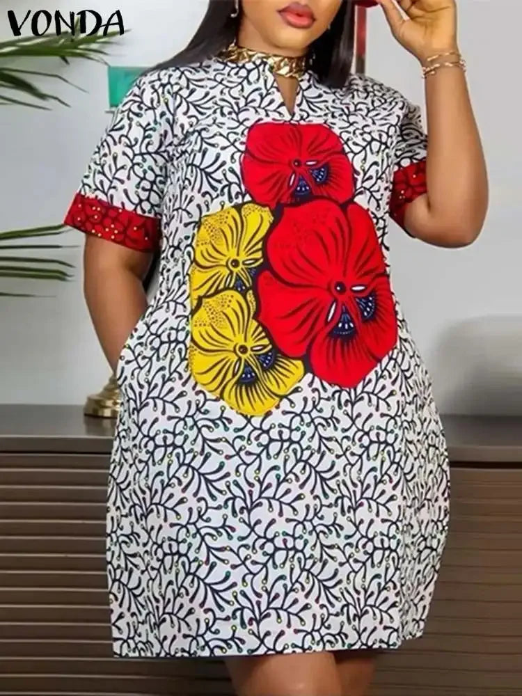 VONDA 2024 Fashion Women Elegant Dress Vintage Printed Sundress Oversized Mini Dress Casual Loose Party Short Robe Vestidos