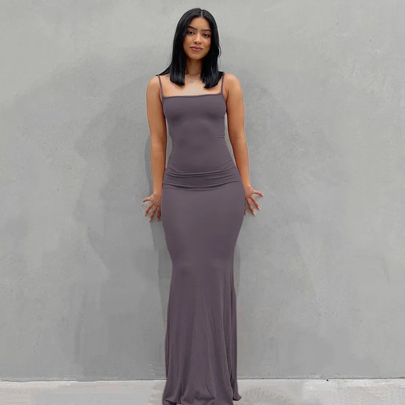 Summer Dresses For Women Sexy Spaghetti Strap Black Long Dress Y2k Sleeveless Solid Skinny Bodycon Trumpet Maxi