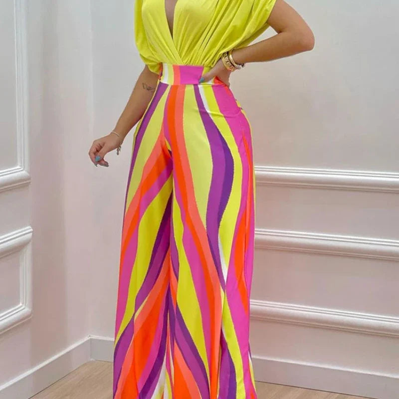 Ladies Fashion V-Neck Work Wide Leg Office Trousers Suit 2022 Summer 2 Pieces Set For Women Short Sleeve Top And Long Pant Suits