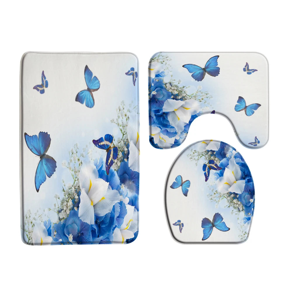 Butterfly Rose Flower Printed Waterproof Bathroom Shower Curtain Set Non-Slip Bath Mat Rug Sets Toilet Cover Bathroom Decor