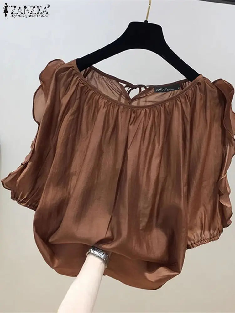 ZANZEA Women's Cold Shoulder Ruffled Blouse Half Sleeve Casual Loose Top with Back Straps Pleated Summer Tunic Fashion O-Neck