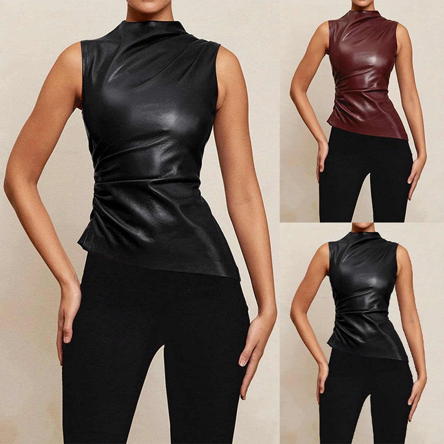 PU Leather Tank Tops Women Summer Sleeveless Pleated Slim Female Top Sexy Sheath Zipper Elastic Lady Ruched Shirt Streetwear