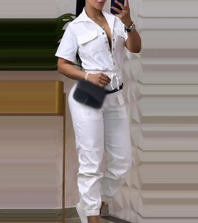 Women's Casual Short Sleeve Pocket Design Cuffed Cargo Jumpsuit 2024 Summer New Female Clothes Fashion Drawstring Jumpsuits