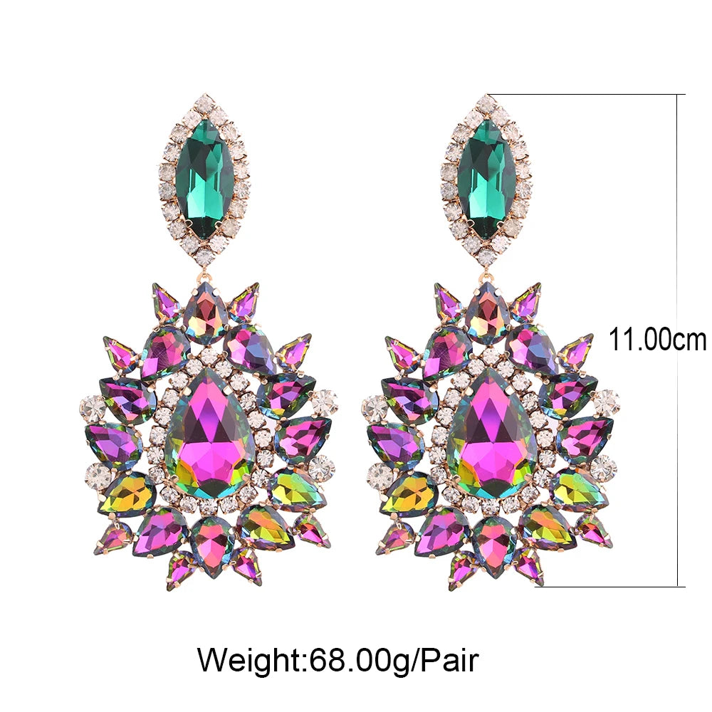 Big Earrings Elegant Purple Crystal Clip on Women Earring Pink Water Drop Huge Fashion Jewelry for Beauty pageant Drag queen