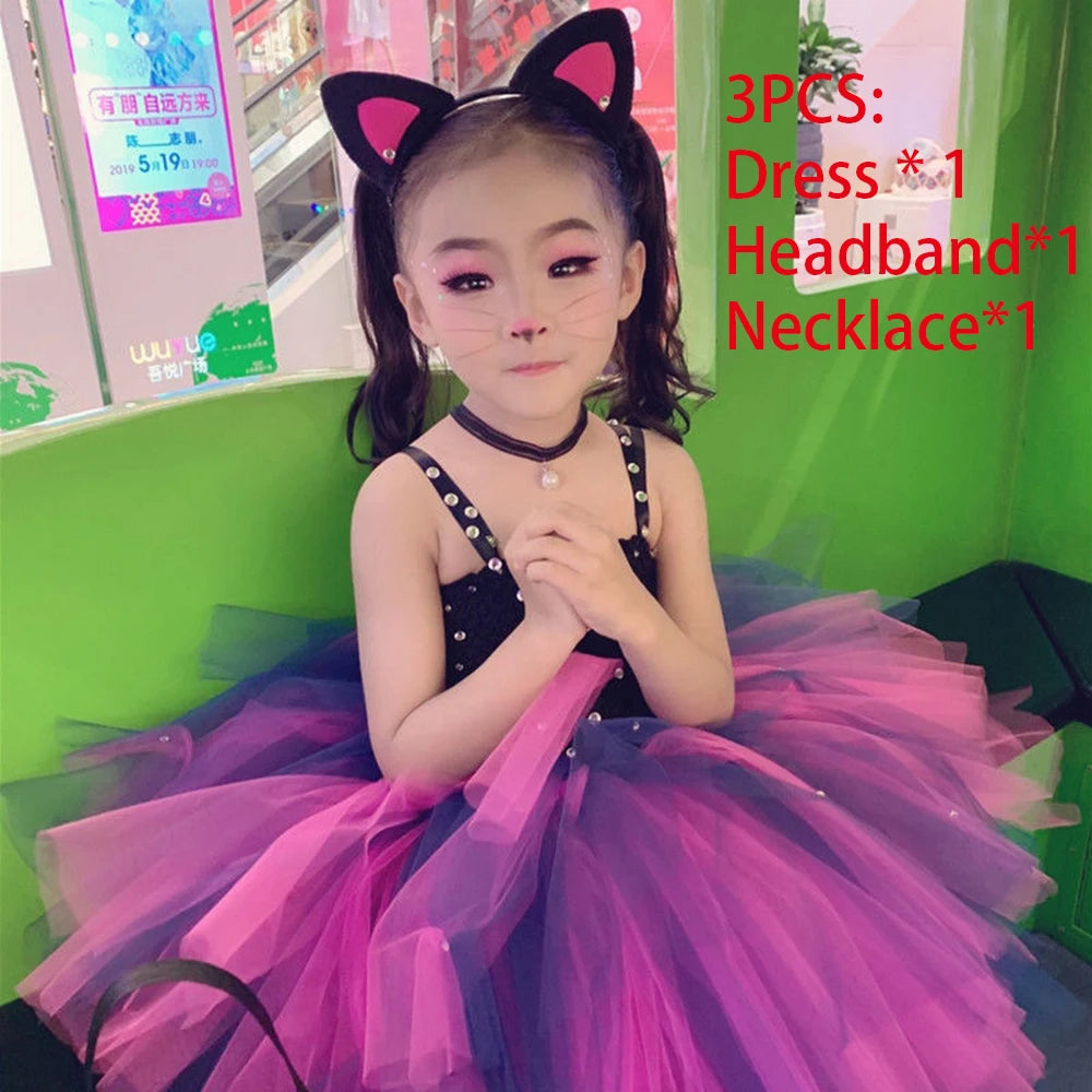 Baby Girls Black Cat Dress for Kids Birthday Outfits Toddler Girl Halloween Costumes Children Animal Dresses with Headband Set