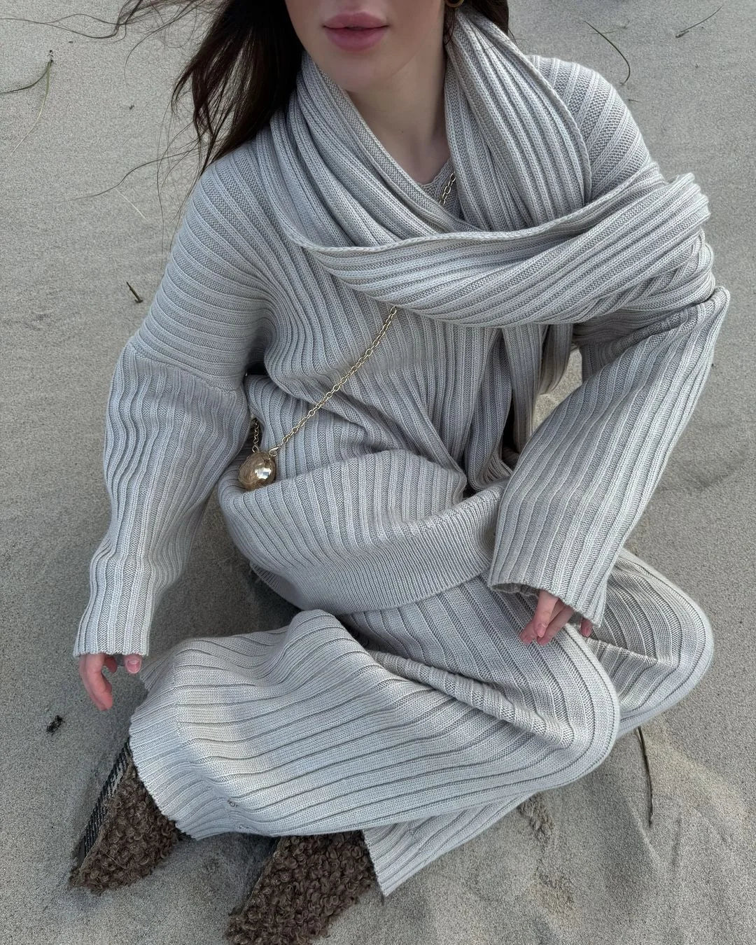 Oversize Knitted Women's Set V-Neck Full Sleeve Scarf Pullover Long Trousers Casual Loose Lady Suit for Autumn