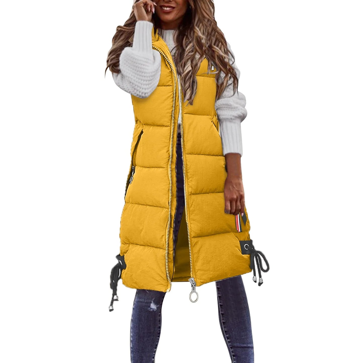 Women's Sleeveless Vest Long Down Cotton Jacket Solid Padded Vests Loose Females Fashion Casual Winter Coat L5