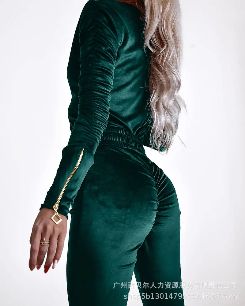 Mandylandy Sexy Velvet Bodycon Jumpsuit for Women with Zipper Design Ruched Long Sleeve and Elastic Waistbelt