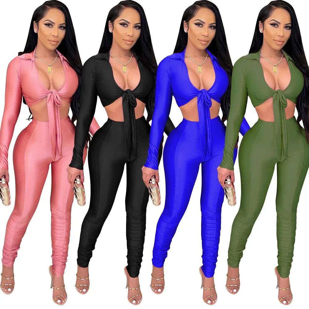 Women's Fashion Casual Slim Fit Two-Piece Set Open Shirt Butterfly Knot Long Sleeve Top with Long Pants Eye-Catching Streetwear