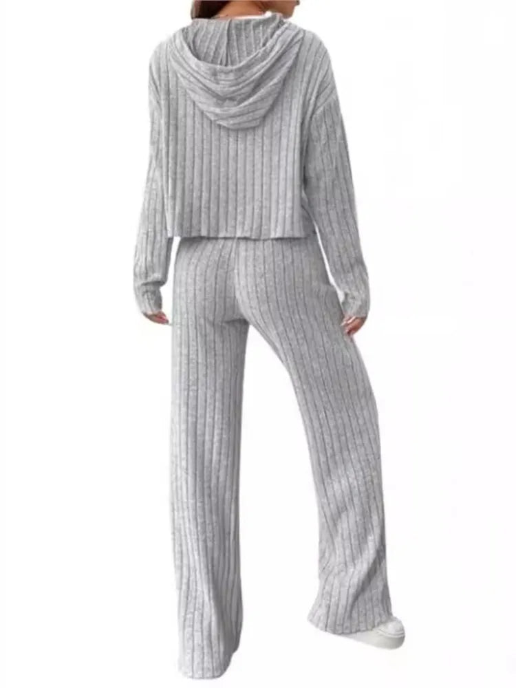 Spring and Autumn Women's New Solid Color Casual Knitted Striped Hooded Sweatshirt Loose Long Sleeved Long Pants Two-piece Set