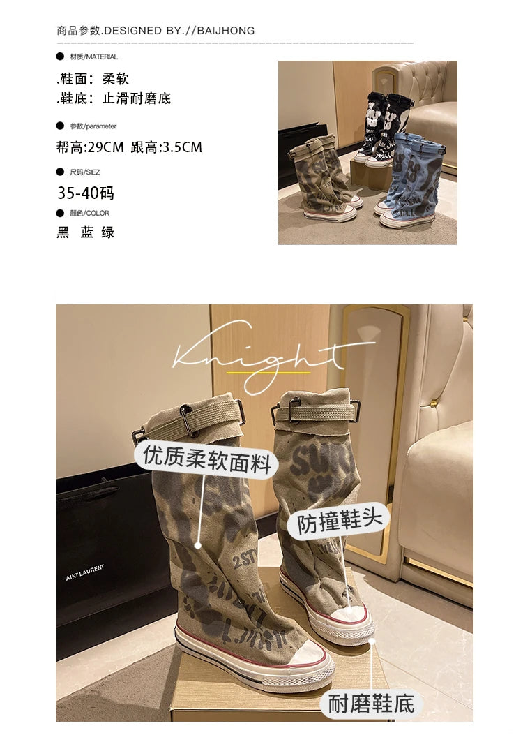 Women's Spring Graffiti High Canvas Boots Round Head Middle Follow Anti-slip Boots Women Leisure Fashion Rubber Sole Botas Mujer