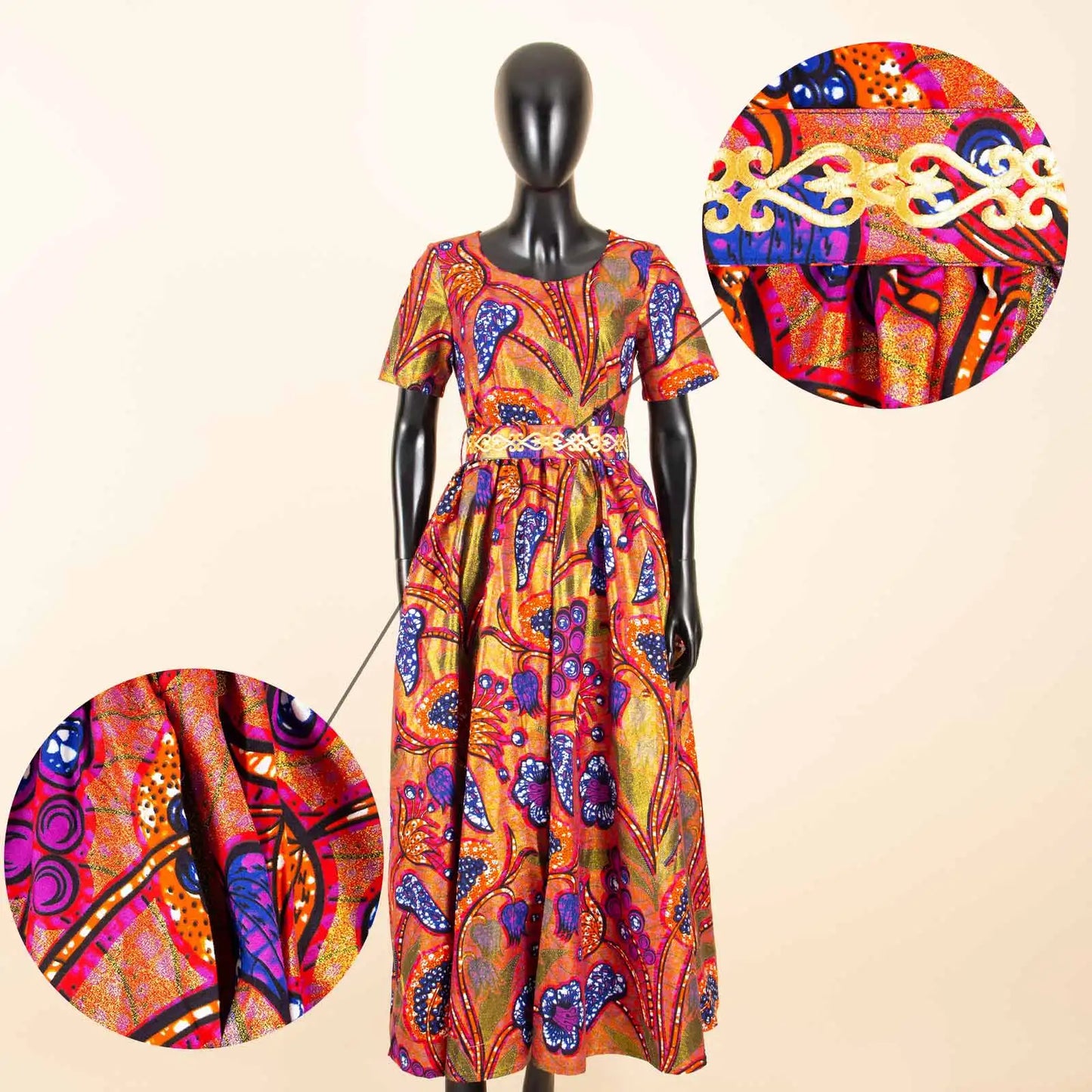 Afripride African Women's Dresses Ankara Batik Short Sleeve Gold Stamped Belt Accessory Dress 2425127
