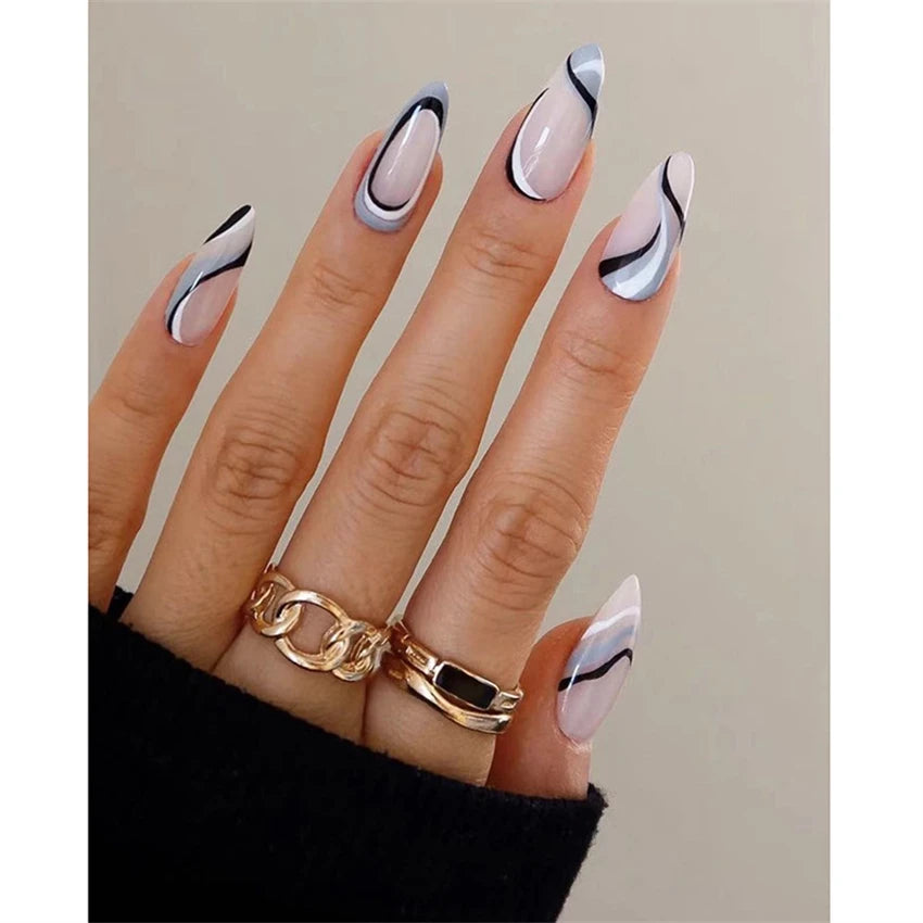 24Pcs/Set Press on Nails Gradient Point Drill Ballet Wearing False Nails Long French Stick on Nail Artificial Acrylic Fake Nails