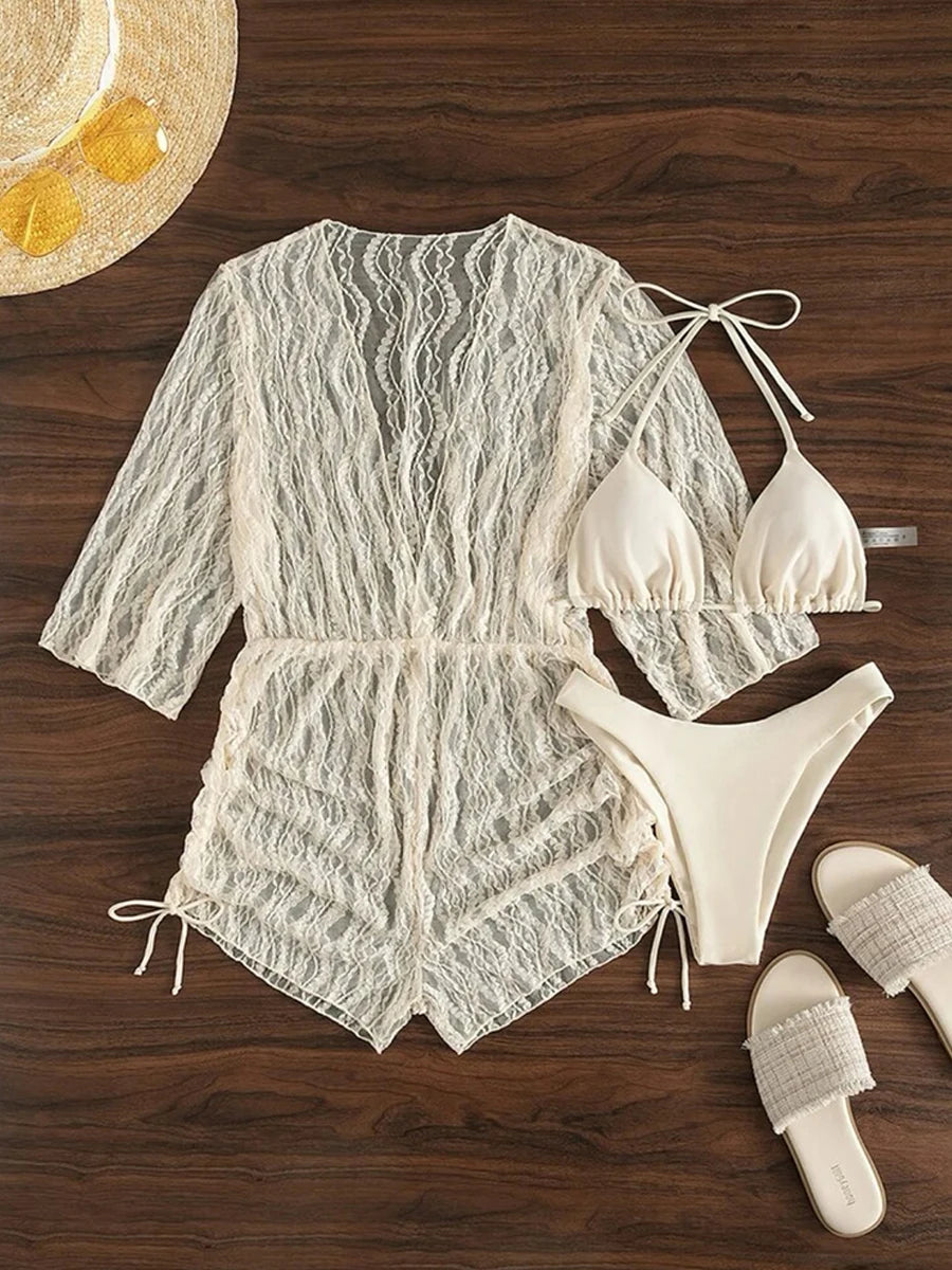 3 pieces Halter Bikini Tropical Print Swimsuit Drawstring Side Swimwear Women Long Sleeve Bathing Suit Female Swimming Beachwear